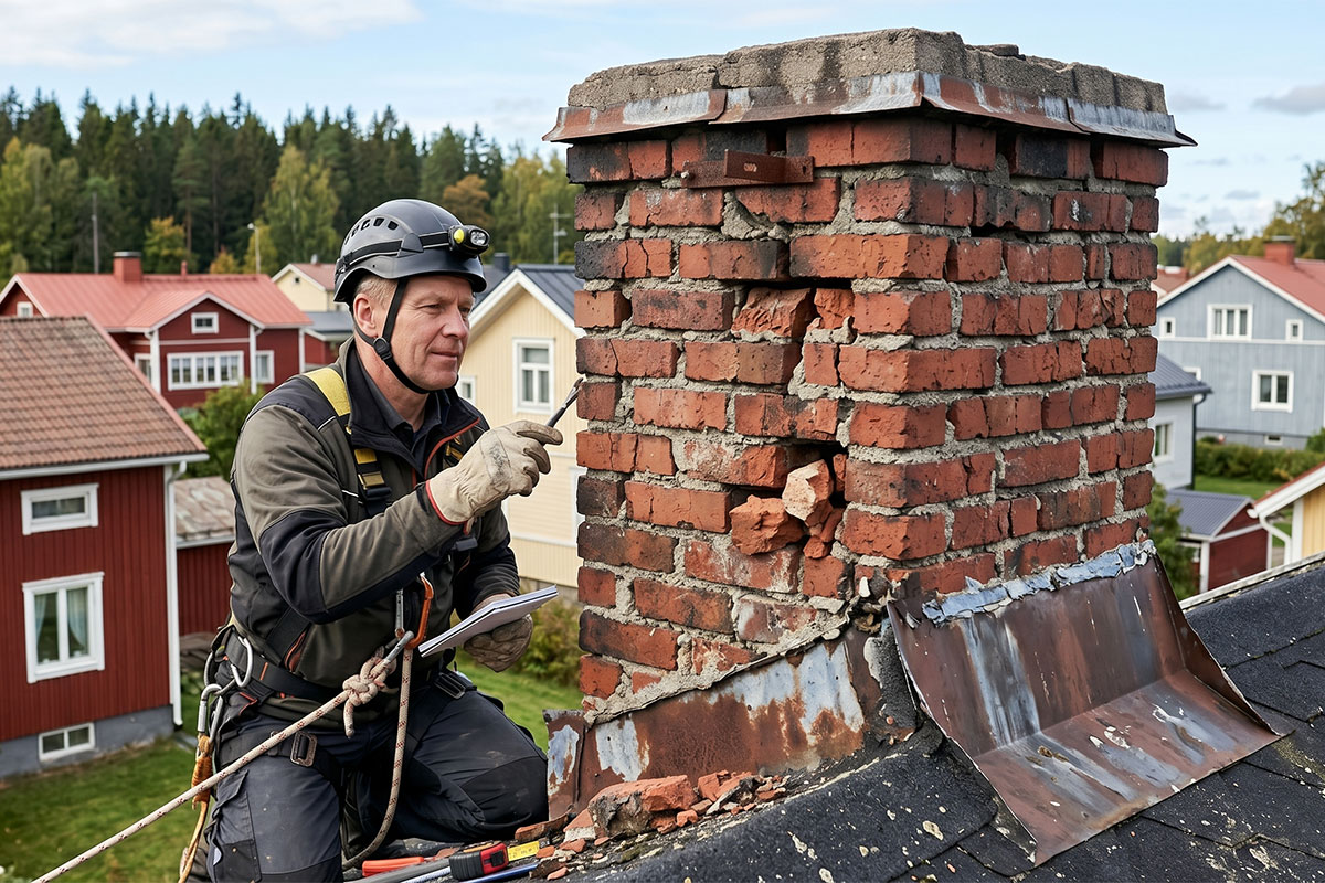 Rakennusalan ammattilainen tarkastamassa savupiippua katolla