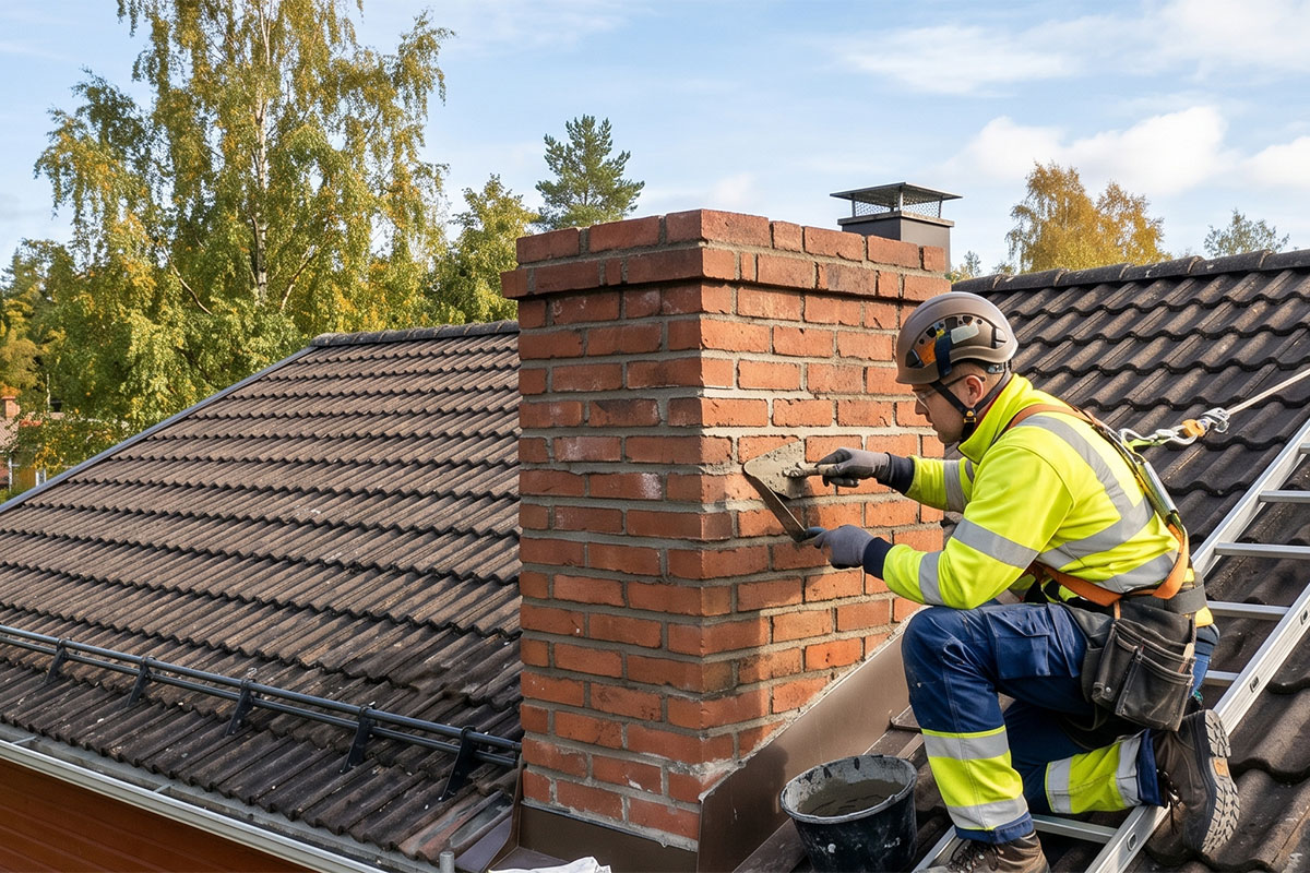 Tiilisen savupiipun korjaustyö käynnissä katolla