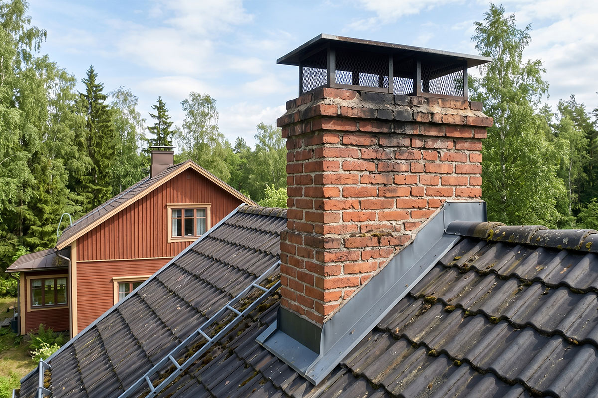 Vanhan omakotitalon tiilinen savupiippu vesikaton yläpuolella